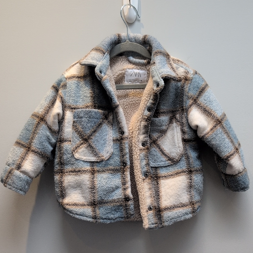 Zara Kids Plaid Puffer Jacket in Blue and Cream Size 2-3T